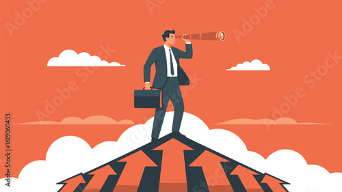 Ambitious Businessman with Telescope Standing on Arrows Aiming for Success