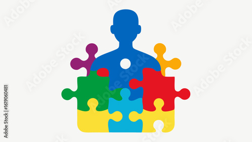 Colorful Character Silhouette A vibrant silhouette of a character composed of interlocking puzzle pieces in various colors such as blue red green and yellow. Several pieces are