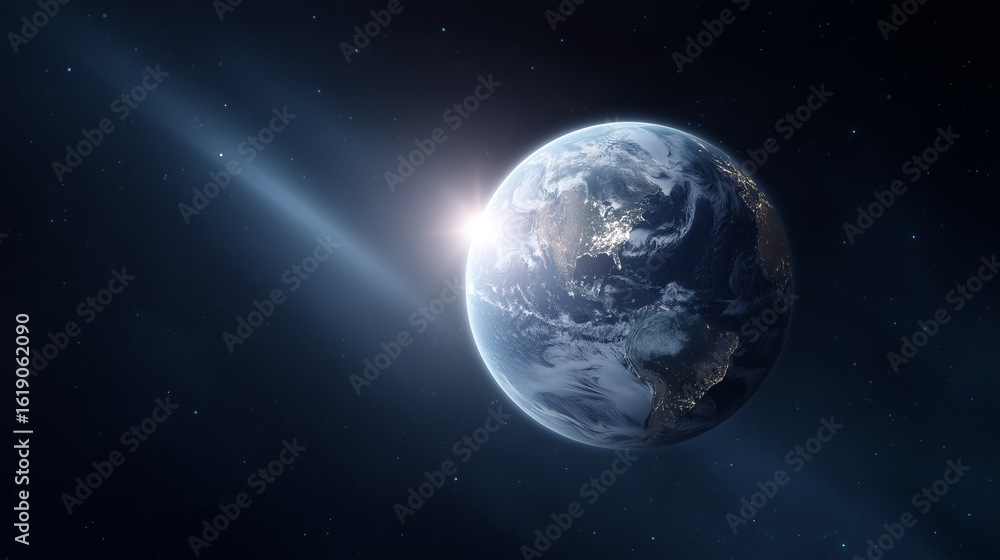Naklejka premium Planet Earth illuminated by sunlight in space with distant stars and cosmic background during a peaceful moment of cosmic wonder