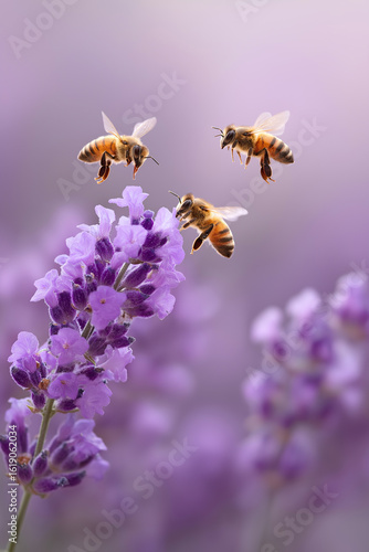 Bees pollinating lavender flowers in a serene garden blooming in springtime colors