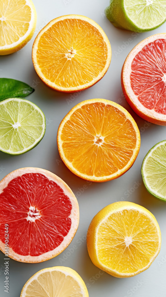 Obraz premium Vibrant citrus arrangement featuring orange, lemon, lime, and grapefruit slices for design and decoration