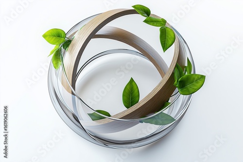 Abstract Glass Metal Rings Green Leaves Nature Technology Integration Eco Innovation Sustainable Design Circular Economy Environmental Concept 3D