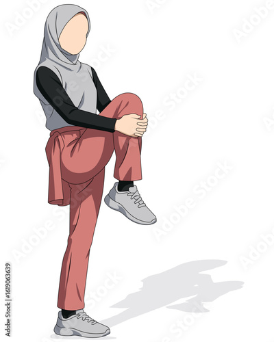 Muslim women engaging fitness and athletic activities. Female wearing hijab doing workout and exercise. Flat vector illustrations arabic girl promoting healthy lifestyle. Lady in sporty red outfit.