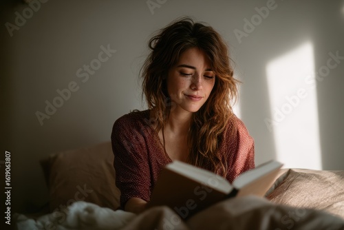 Unaccompanied woman studying a self help book on love and dating guidance