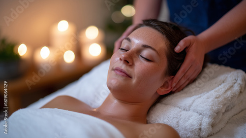 Soft-focus image of spa room where woman receives scalp and temple massage, surrounded by glowing candles, warm tones, and gentle steam enhancing the peaceful atmosphere