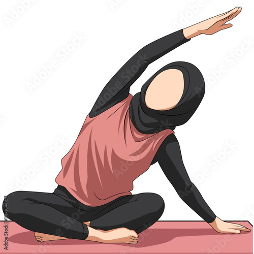 Muslim women engaging fitness and athletic activities. Female wearing hijab doing workout and exercise. Flat vector illustrations arabic girl promoting healthy lifestyle. Lady in sporty red outfit.