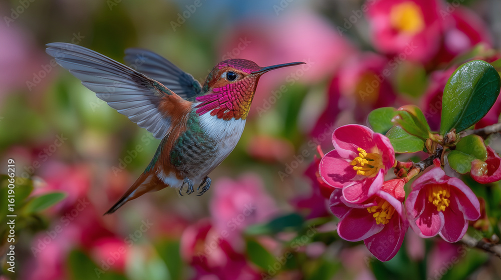 Fototapeta premium Vibrant hummingbird hovers delicately, its iridescent feathers shimmering in sunlight as it feeds on vivid pink blossoms surrounded by lush green foliage