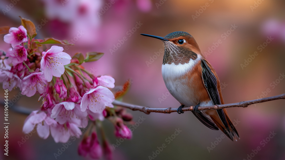 Naklejka premium Graceful hummingbird perched momentarily on thin branch near cascading pink blossoms, shimmering feathers catching rays of golden sunlight