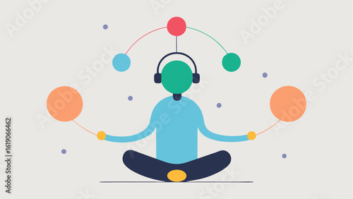 Emotional Balance A figure with a headset in a balanced pose surrounded by light orbs of various colors indicating emotional states being regulated and harmonized.