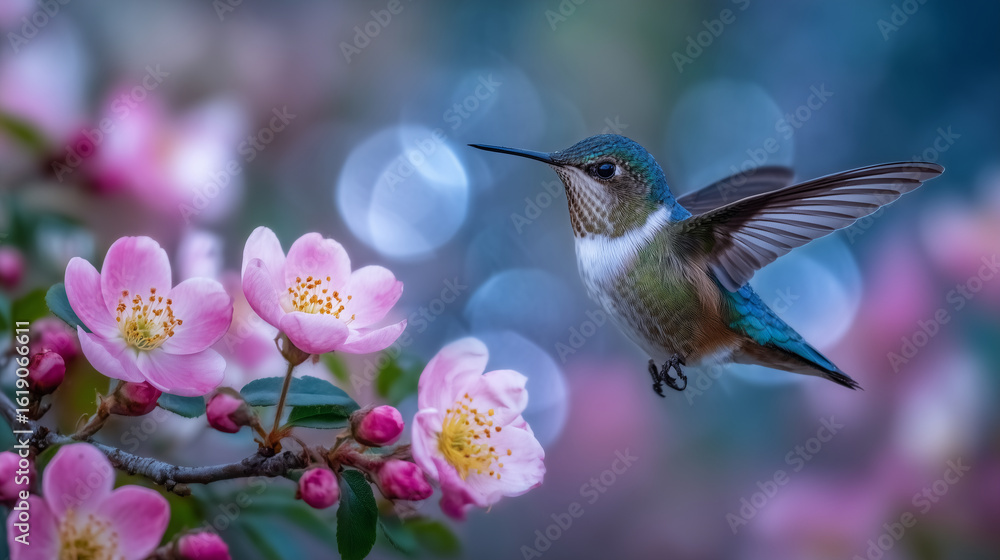 Naklejka premium Peaceful nature scene with hummingbird delicately feeding on wild pink flowers, soft focus on petals and shimmering feathers highlighting fragile beauty