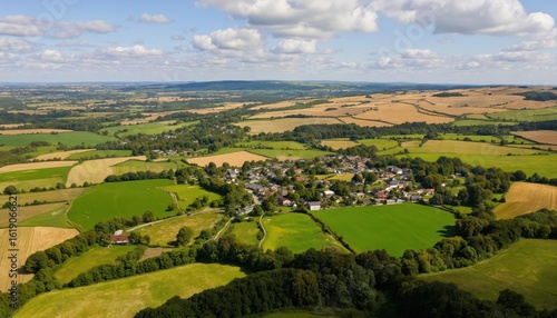 Expansive aerial view shows vibrant rural landscape. Green fields, brown farmland surround small community under clear sunny sky. Nature beauty unfolds with agricultural patterns, open space, serene