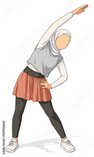 Muslim women engaging fitness and athletic activities. Female wearing hijab doing workout and exercise. Flat vector illustrations arabic girl promoting healthy lifestyle. Lady in sporty grey outfit.