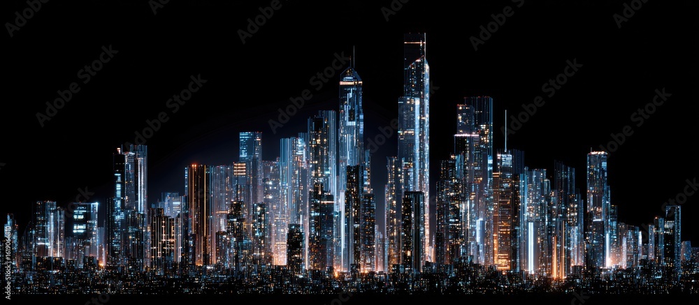 Naklejka premium Night cityscape panorama illuminated skyscrapers, dark sky, urban sprawl, futuristic design. Website header