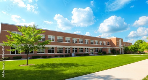 Classic Brick Building Exterior and Green Landscape Under Clear Blue Sky Academic and Professi