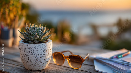 Succulent plant accessorized with miniature sunglasses, bathed in warm orange sunset light, sitting on weathered wooden desk with scattered paper and pens
