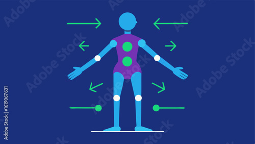 Exercise Guide Visualization An AIgenerated hologram of a human figure demonstrating a physical therapy exercise with arrows indicating proper movement.