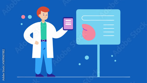 Doctor Explaining Data The doctor using a large tablet or screen to show a patient their biomarker results in graphical format highlighting areas for improvement.