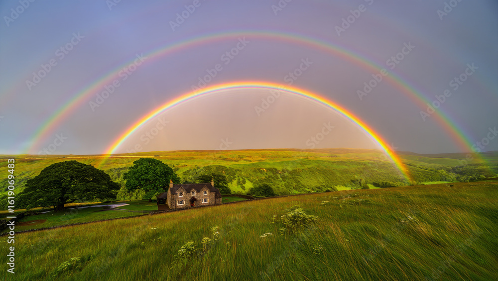 Fototapeta premium Wide shot of a vibrant double rainbow arching over a stone cottage in a lush green countryside landscape under a dramatic, stormy sky. 