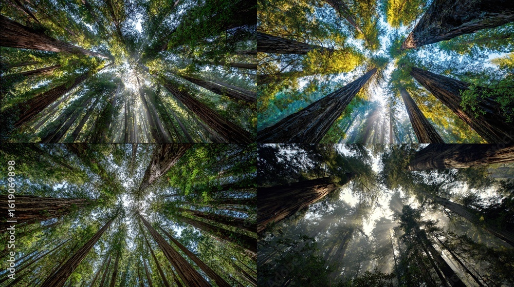 Obraz premium Tall trees reach to the sky in four perspectives