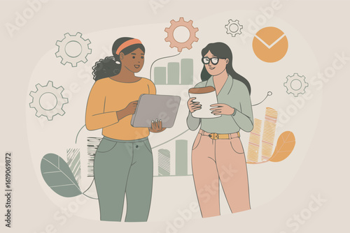Two women in modern office with charts and gears meeting