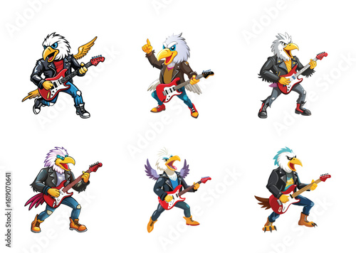 Collection of Cartoon Eagles in Leather Jackets Playing Electric Guitars