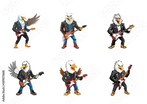 Collection of Cartoon Eagles Rocking Out with Electric Guitars in Leather Jackets