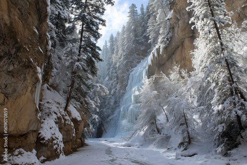 Wallpaper Mural Winter Waterfall Hike - Icy Cascade Amidst Snowy Mountain Range Torontodigital.ca
