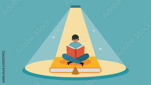 The tiny reader sits on a cozy cushion with their legs crossed gazing up in awe at the enormous book that towers above them. The book is resting on a wooden stand and bright