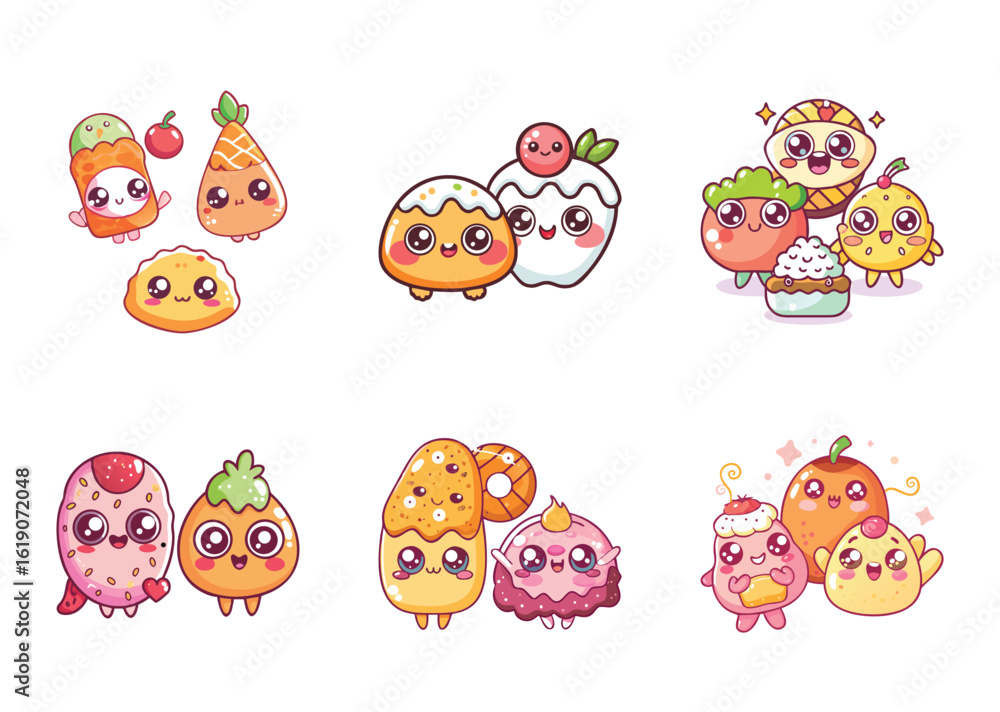 Fototapeta premium Adorable Cartoon Dessert Characters, Kawaii Style, Featuring Many Sweets and Treats