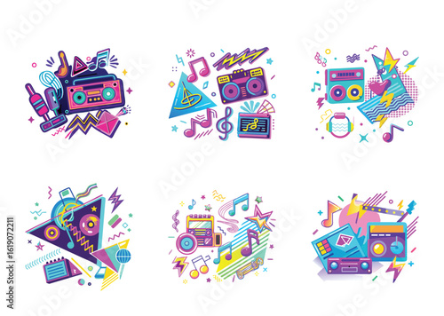 Illustrations showcasing colorful retro 80s 90s music theme with cassette players and music notes