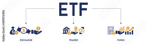 ETF website icons vector concept illustrated with an icons of Exchange, traded, funds, investment, finance, portfolio, securities, diversification, asset management, capital, performance, returns.