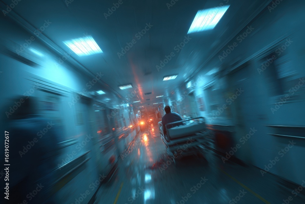 Obraz premium Van with flashing lights parked in an underground station on a rainy night, reflecting on wet ground and a blurred person walks by