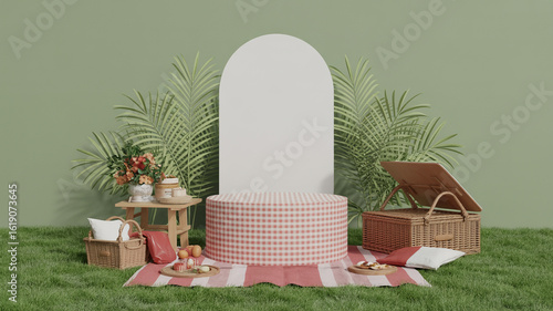 Artistic 3d render of a picnic scene with a gingham podium on a sunny lawn