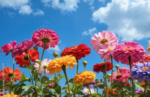 Fototapeta Naklejka Na Ścianę i Meble -  Vibrant zinnias in various colors including pink, red, orange, yellow, purple bloom against clear blue sky with fluffy white clouds. Close-up, low-angle view intricate petal details of summer
