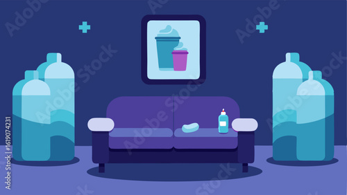 Aftercare Area A peaceful recovery area with soft lighting plush couches water bottles and blankets designed for clients to relax after their cryotherapy session.