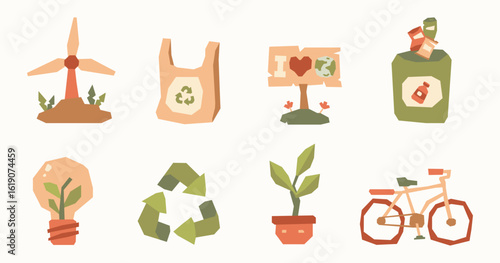 Flat Color Earth Day Element Sticker Set with Earthy Tones in Cutout Style