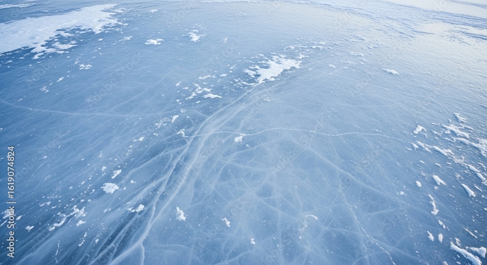 Fototapeta premium Frozen Lake Surface with Cracks and Snow Texture