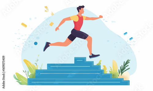 Dynamic athlete sprints up stairs, achieving fitness goals with energetic movement and vibrant style