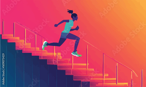 Dynamic woman sprints up vibrant stairs, achieving fitness goals with energetic momentum and determination