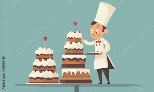 Joyful chef proudly presents tiered cakes, creating delightful celebrations with sweet artistry