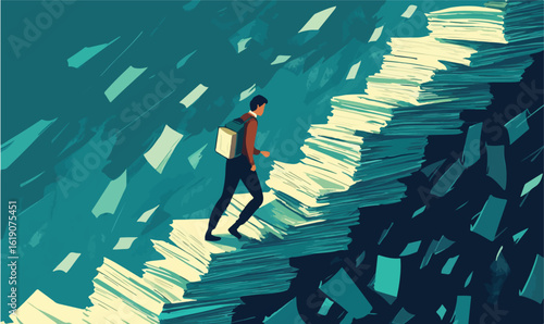 Man climbs stack of papers symbolizing career growth and professional challenges reaching success.