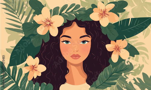 Serene woman with lush tropical foliage and vibrant flowers, embodying natural beauty and tranquility.