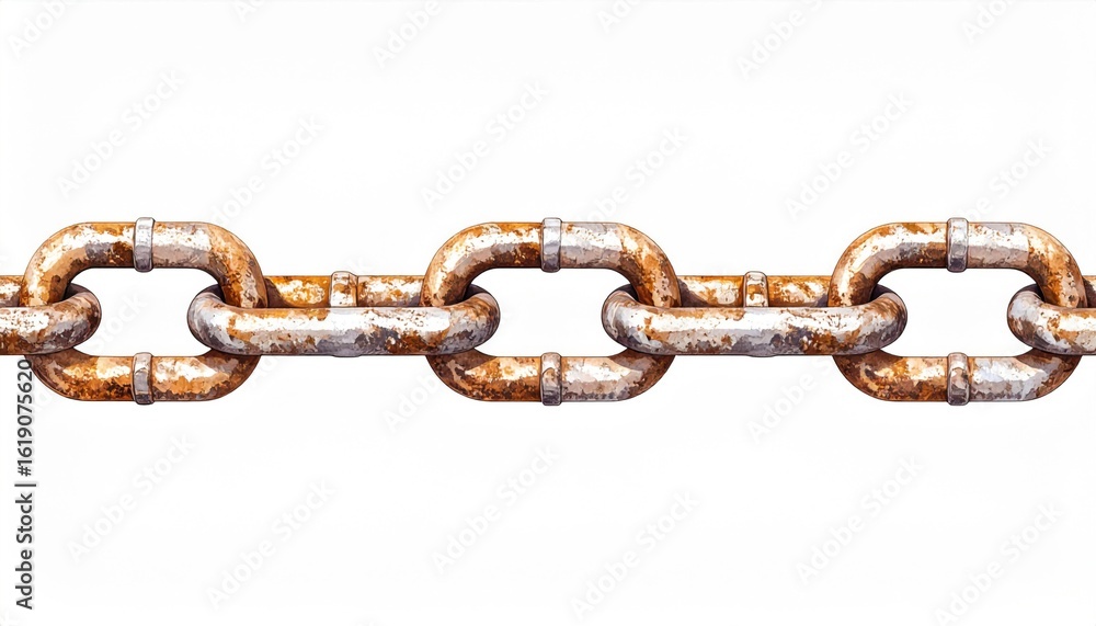 Fototapeta premium Rusty Metal Chain Links Isolated On White Detailed Texture Close Up