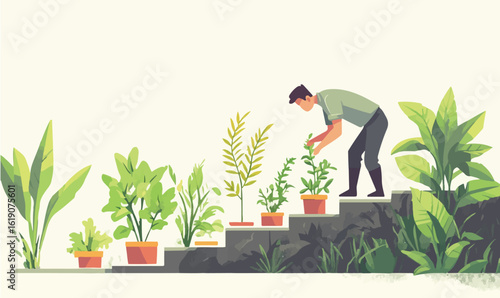 Man carefully tending to plants arranged on steps, symbolizing growth and development in a lush setting.