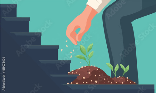 Cultivating growth step by step, planting seeds for future success on a rising staircase journey