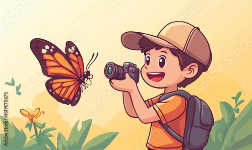 Joyful child photographer captures a vibrant monarch butterfly in a sunny outdoor adventure