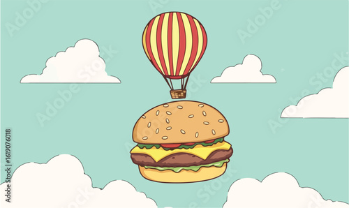 Whimsical hot air balloon carries giant burger through cloudy sky, pure imagination.