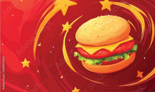 Juicy cheeseburger with fresh lettuce and tomato, presented with dynamic golden starbursts and vibrant red background.