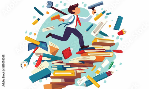 Man running up stairs made of books, juggling tools and pens, symbolizing busy work and learning