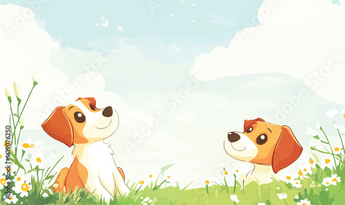 Two adorable puppies gaze upwards in a field of wildflowers under a bright, cloudy sky, evoking joy and innocence.